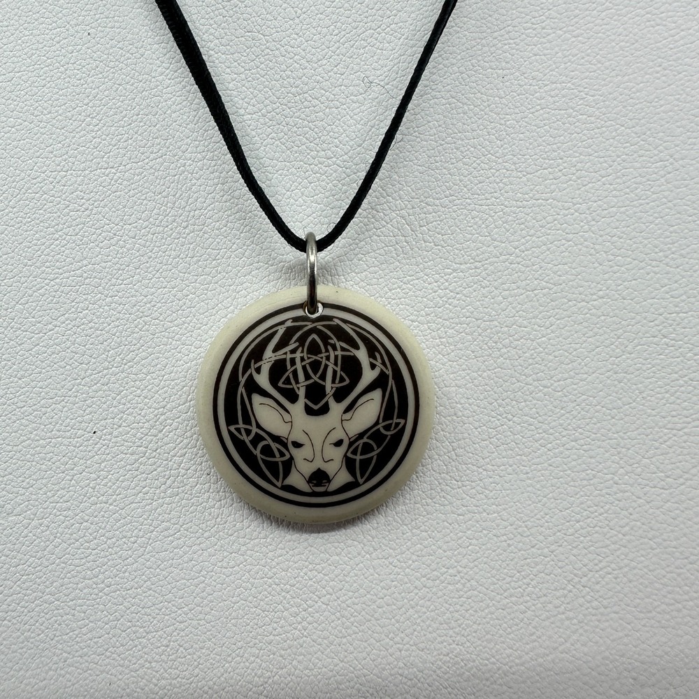 Celtic Deer Pendant Necklace Black Cord Knotwork Stag Fantasy Pagan Boho Gift
